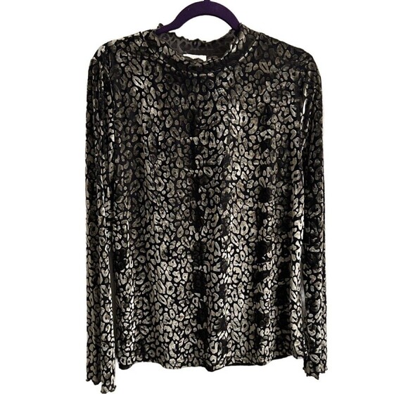 Kori America Women’s Green Velvet Top Animal Print Mock Ruffle Size Large Boho - Picture 1 of 5